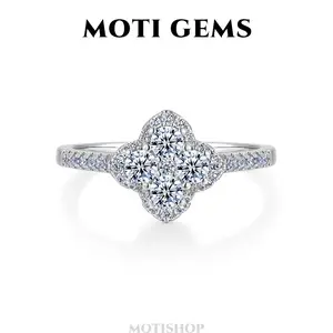 MOTI GEMS 1.3CT Moissanite Synthetic Lucky Four-leaf clover Halo Ring for Women 2Colors D VVS1 High Setting Lab-Created Hypoallergenic Wedding Engagement Birthday Gift Anniversary Fine Jewelry