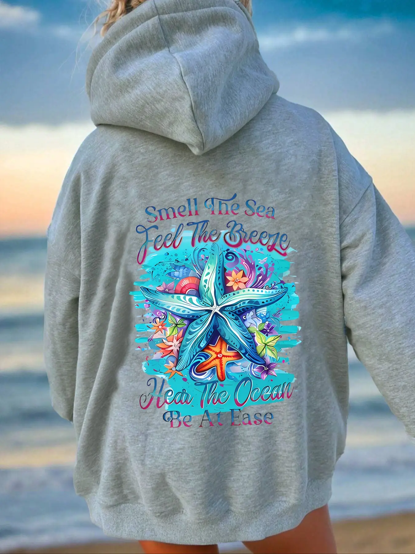 Chic Women's Starfish Print Hoodie with Drawstring Detail & Pocket, Casual Long Sleeve Pullover, Fall Winter Wear