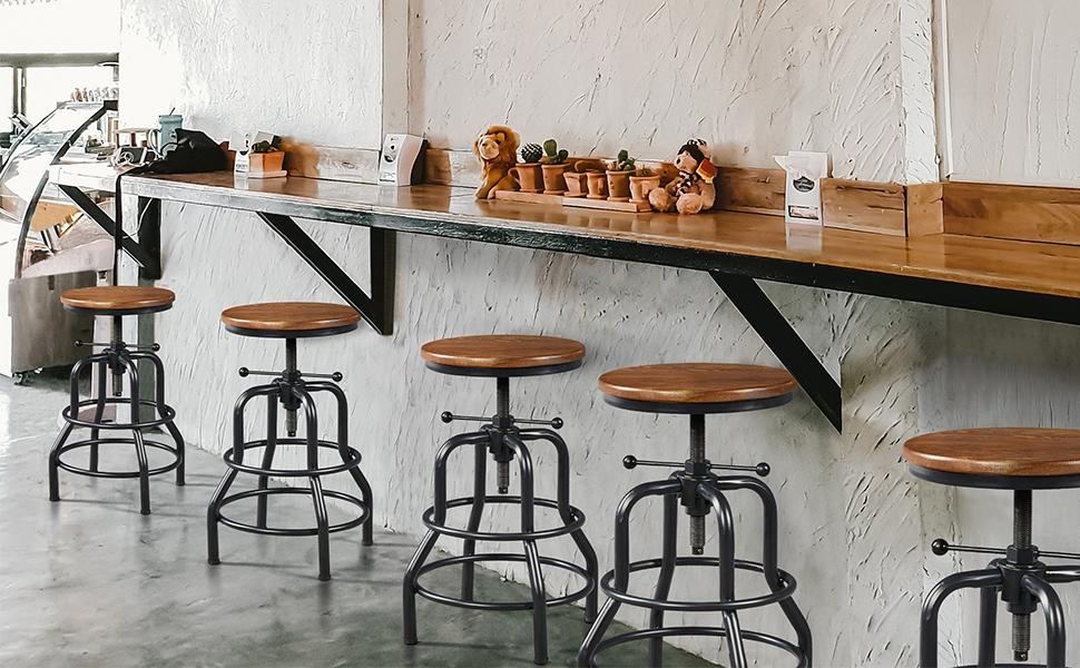 Yaheetech Bar Stool Vintage Counter Stool Adjustable Metal Stool with Round Wood Seat Kitchen/Dining/Cafe Chair 20-27 Inch Tall, 1PC