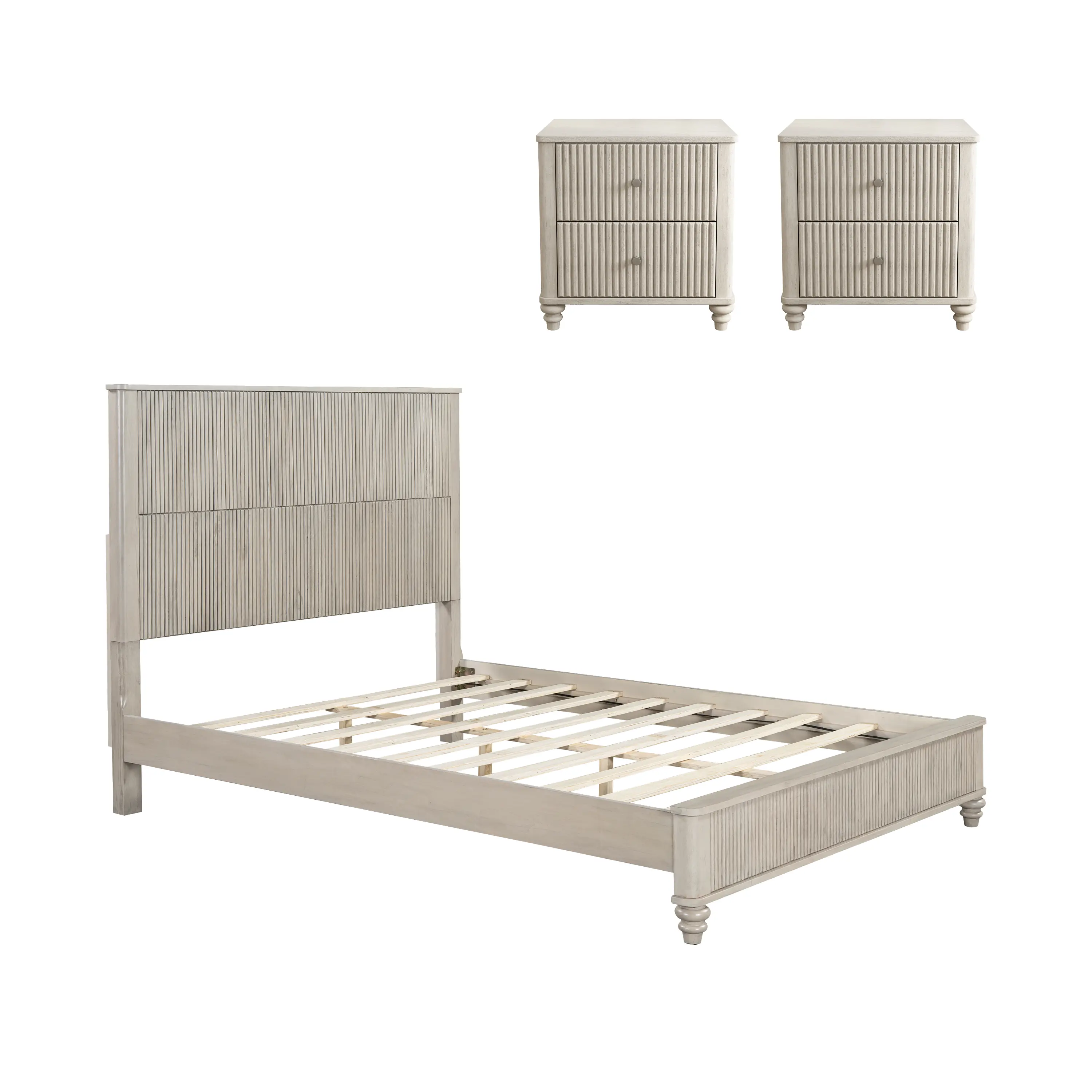 3-Piece Bedroom Set Queen Size Bed Frame with 2 Nightstands Solid Wood Beige Bedroom Furniture Set No Box Spring Needed Wavy Fluted Design Rubberwood Nightstand with 3 Drawers for Bedroom Living Room, Queen Size Options, Beige Color Options