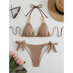 Stripes Ruched Texture Golden Chain Ring Link Halter 2 Piece Set Bikini, Bow Tie Side Triangle Halter Tie Neck Stretchy Swimsuit For Beach Pool Bathing, Women's Swimwear & Clothing