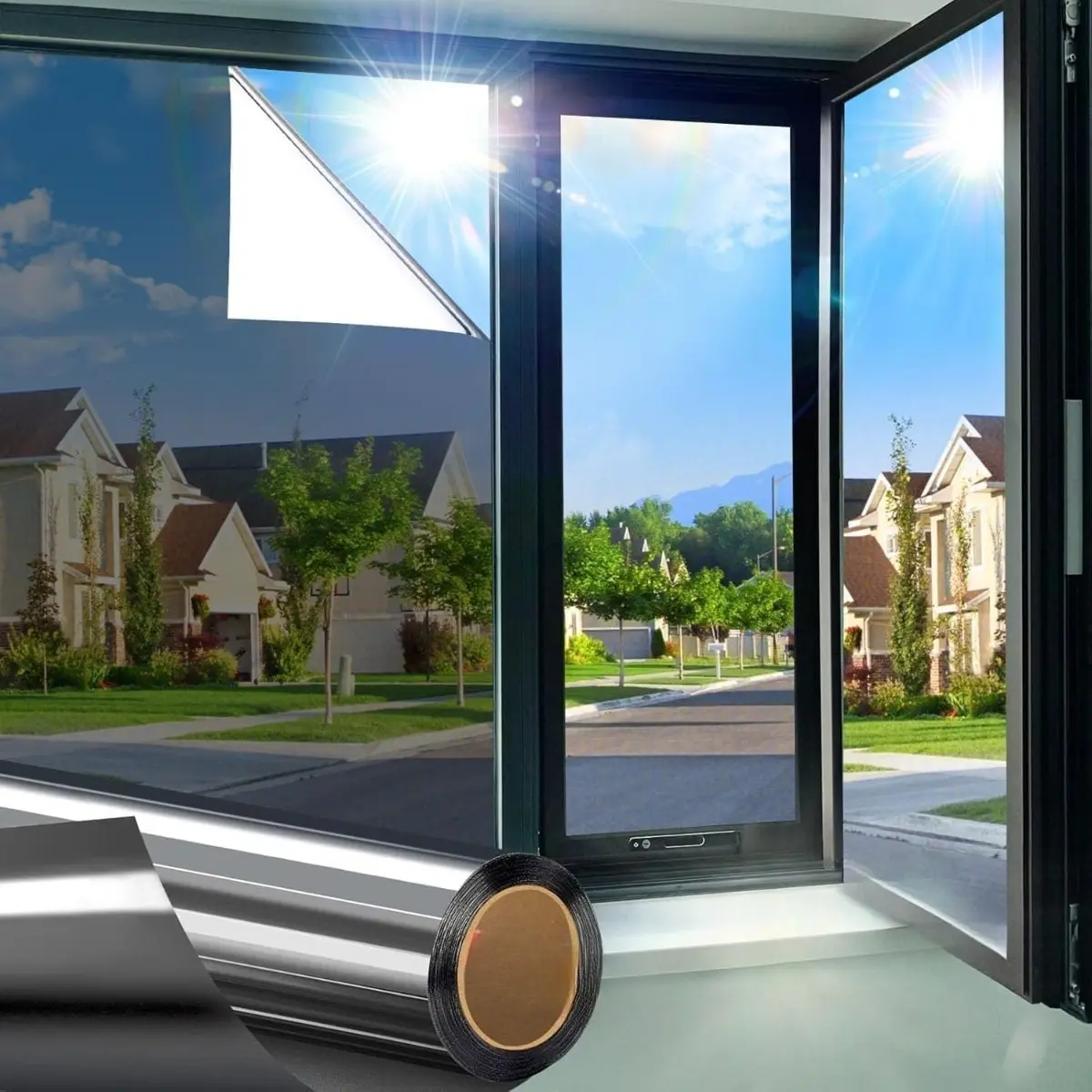 1-Way Privacy Window Film Heat Insulation Sun Protection Mirror Reflective Window Tint Static Cling Removable Uv Block Anti Glare Black Silver Glass Sticker Home Bedroom Bathroom Office Window Shade Solar Decorative Film