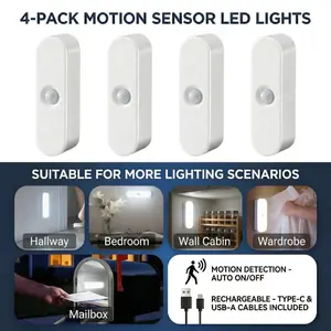 Rechargeable Motion Sensor Light, Wireless Magnetic LED Nightlight, Cordless Battery Operated Stick-On Lamp for Easy Install Home Lighting, Auto On/Off Indoor Sconce for Closet, Cabinet, Stairs, Hallway, Bedroom, Bathroom & Mailbox