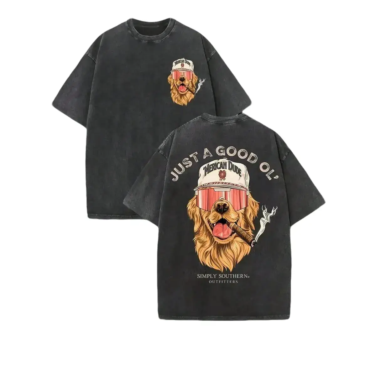 Men's Retro Graphic Tshirt - Vintage "Good Ol' American Dude" Dog Print, Baggy Casual Short Sleeve Top, Washed Cotton Fabric, Streetwear Style