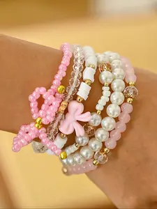 6 Piece Set Sweet Heart Bow Pearl Beaded Heart Shaped Bracelet, Elegant Jewelry Gift for Women, Perfect for Parties & Daily Wear