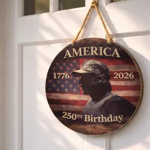 MW America 1776-2026 250th Birthday Wooden Door Hanger Sign, American Wall Hanging, Patriotic Door Sign, 4th of July Gift