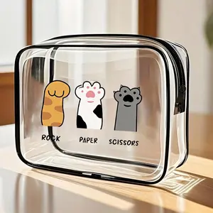 Large Capacity PVC Zipper Cute Cat Paw Print Makeup Travel Storage Bag, Cosmetic Bag, High Quality Transparent Travel Organizer, Unisex, Easy Clean