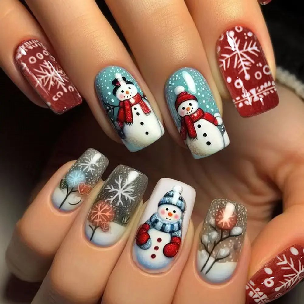 Christmas 24pc Square Press-On Nails, Snowman & Snowflake Design, Full Coverage Acrylic False Nails, Women & Girls Daily Use, Nail Art Design