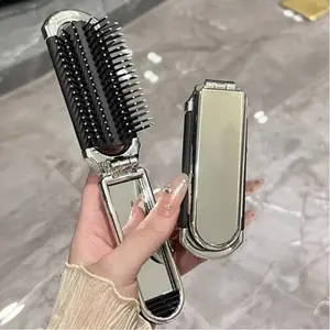 Cute Foldable Mini Comb Portable Ladies Mirror Cushion Integrated Small Massage Pad Comb, Abs Plastic Handle, Hair Styling Tool, Folding Comb