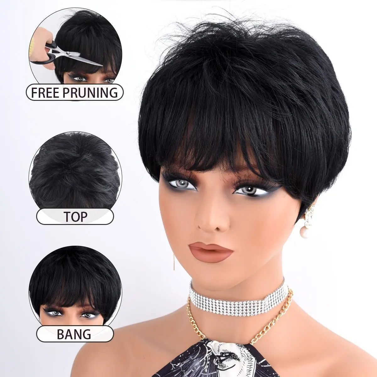 Pixie Cut Synthetic Wig for Women, 180% Density, Machine 