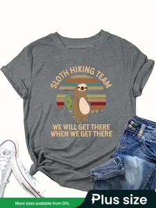 【Plus Size】 Women's Cartoon Sloth & Letter Print Round Neck Tee, Fashion Casual Crew Neck T-Shirt for Daily Wear, Ladies Clothes for All Seasons, Womenswear