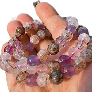 Super Seven Purple Rutilated Quartz Crystal Bracelet for Women Amethyst Healing Stone 8mm & 10mm Beads for Stress Relief Anxiety and Emotional Balance