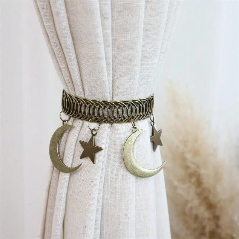 Vintage Star and Moon Metal Curtain Tieback Decorative Celestial Design Curtain Clip with Dangling Charms Antique Brass Finish Window Treatment for Living Room Bedroom Aesthetic Home Decor Boho Witchy Room Ornament Gift,Christmas & Halloween
