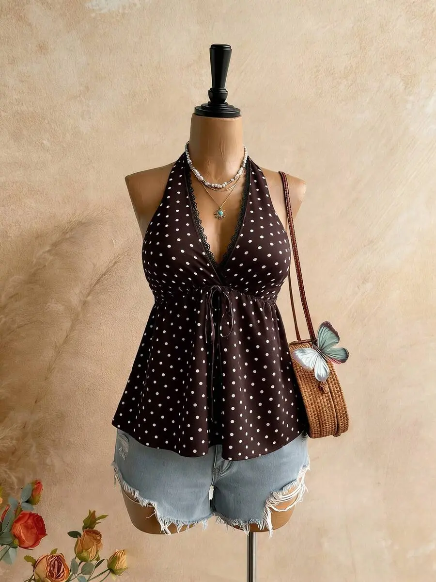 Rusttydustty Bohemian Style Women's V-Neck Backless Camisole Top, Casual Vacation Brown Polka Dot Blouse, Suitable for Autumn, Halloween Summer