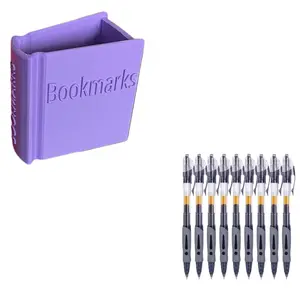 2-Piece Set 10-Pack 0.5mm Retractable Ballpoint Pens ( Blue Ink), 3D Printed Book Bookmark Holder, Office Desk Organizer Gift