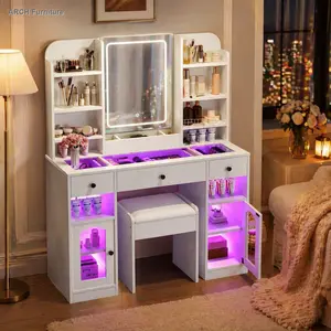 43.2" Arch Makeup Vanity with Mirror - LED Mirror, RGB Glass Light Cabinets, 3 Drawers, Storage Shelves, Stool, MDF+Glass Build, White Glass Top, Easy Assembly for Bedroom