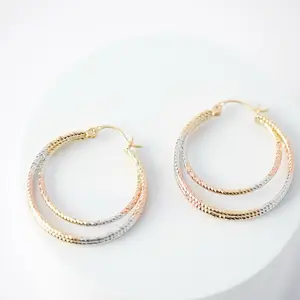 Argollas para Mujer Elegantes Pendientes de Oro Rosa y Plata con Diseño de Textura Triple-Tone Hoop 14K Gold-Plated 3 cm