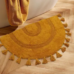 Half Circle Boho Bathroom Rugs with Tassels   Hand-Woven Bath Mat Non Slip Absorbent Bath Rugs with Rug Pad Washable Boho Bath Mat Carpet for Tub, Shower 20"x32",Mustard