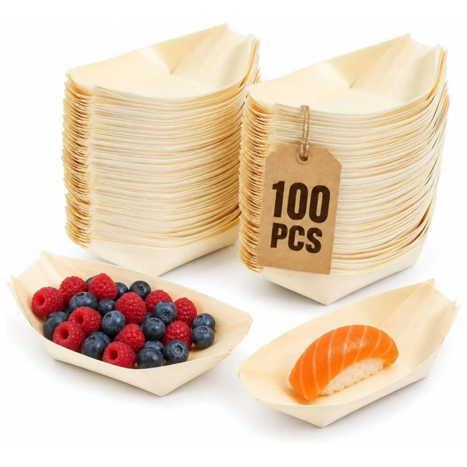 100PCS Bamboo Wooden Boat Disposable Wood Boat Plates Dishes Sushi Boat Sushi Serving Tray Bamboo Leaf Boat Food Container Wood Bowl for Catering and Home Use, Serving Trays for Sushi, Desserts, Tacos, Appetizers, Wedding Picnic Party Catering