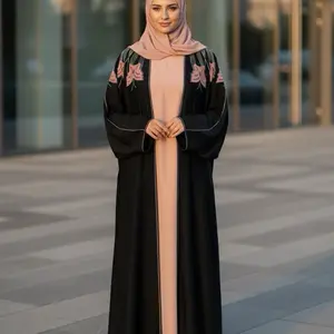 Dubai Abaya Inner Outer - Elegant Black with Pink Inner and Floral Embroidery Abaya for Women