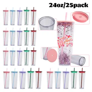 25pack Snow Globe Acrylic Plastic Cup 24oz Tapered Double Wall Snowglobe Cup with Colored Lids and Straws Pre Drilled Blank for Snow Globe Glitter US Warehouse Shipping