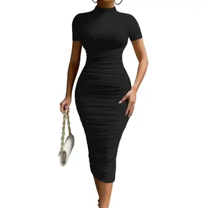 Women's Elegant High Neck Short Sleeve Ruched Bodycon Midi Formal Cocktail Dress, Polyester Mesh Back with Zipper
