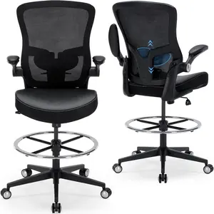 Drafting Chair 400lbs Heavy Duty Tall Office Chair Big and Tall Ergonomic Standing Desk Chair with Lumbar Support and Adjustable Footrest Ring, Comfy Mesh Wide Chair with Flip-up Armrests, Black