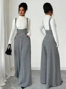 2026 New Model Women's Knitted Plaid Print Houndstooth Wide Leg Pants, Front Pocket Button Design, Fashionable Elegant Daily Commuter Overalls, Fall Winter, Womenswear, Layered Look, Everyday, Stretchy, Cozy Comfort