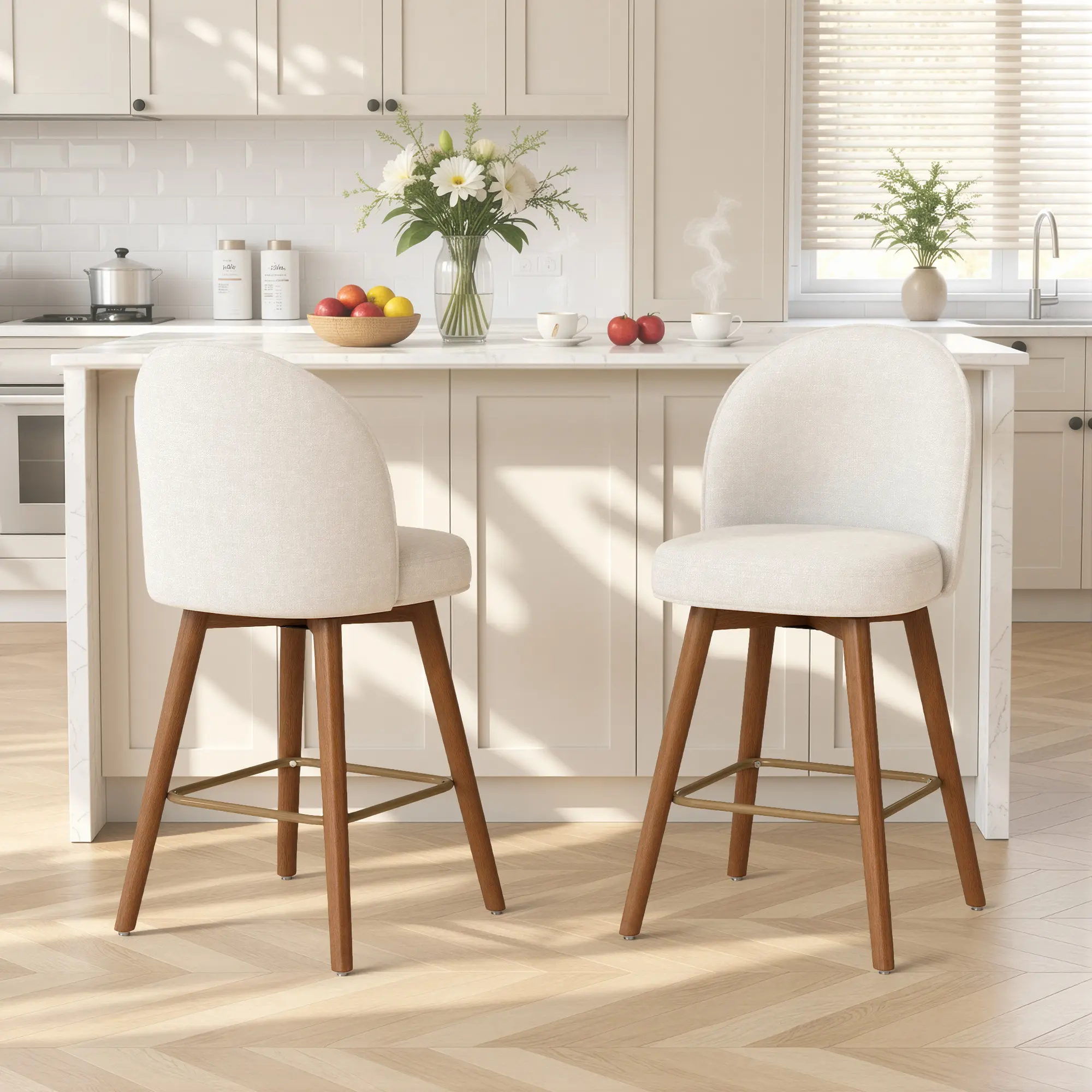 Modern Swivel Bar Stools Set of 2, Chic Upholstered Counter Height（26IN） Bar Chair with Back, Solid Wood Legs and Footrest, Comfortable Chenille Bar Stool for Kitchen Island
