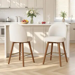 Modern Swivel Bar Stools Set of 2, Chic Upholstered Counter Height（26IN） Bar Chair with Back, Solid Wood Legs and Footrest, Comfortable Chenille Bar Stool for Kitchen Island