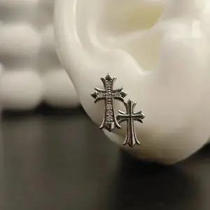 Stylish 14K Gold Double Cross Earrings – Lightweight Double-Piercing Design for Women & Men