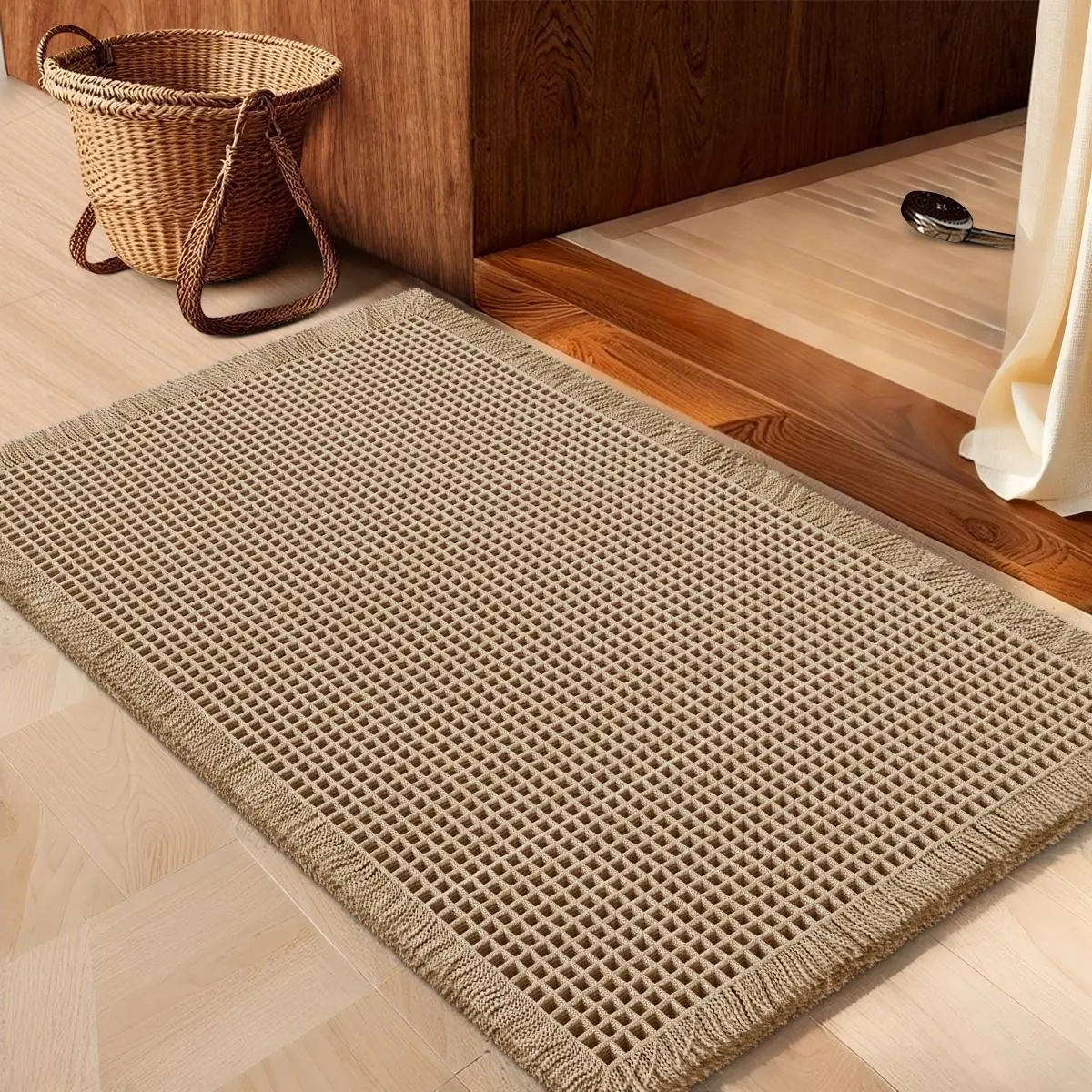 IM HOME Waffle Bath Mat, Boho Woven Modern Bath Mat Rugs, Absorbent Non Slip Bathroom Rugs, Soft Washable Bath Rugs with Tassels for Bathroom, Bedroom, Kitchen, Shower, Tub