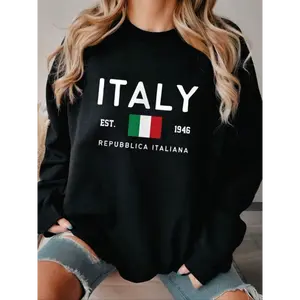 Women's Italy Flag & Letter Print Drop Shoulder Sweatshirt, Casual Long Sleeve Round Neck Pullover for Fall & Winter, Ladies Clothes for Daily Wear