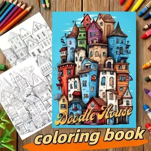 Doodle House Coloring Book, Fantasy Stacked Houses Line Art, Healing Color Therapy & Creative Stress Relief, Single Page Print 24 Sheets