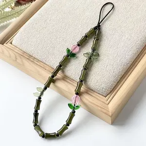 High-End Glass Bamboo Tulip Beaded Phone Strap Charm, Lucky Gradual Rise Style Camera Pendant Chain Flower, Fashionable Mobile Accessory, Phone Wrist Strap
