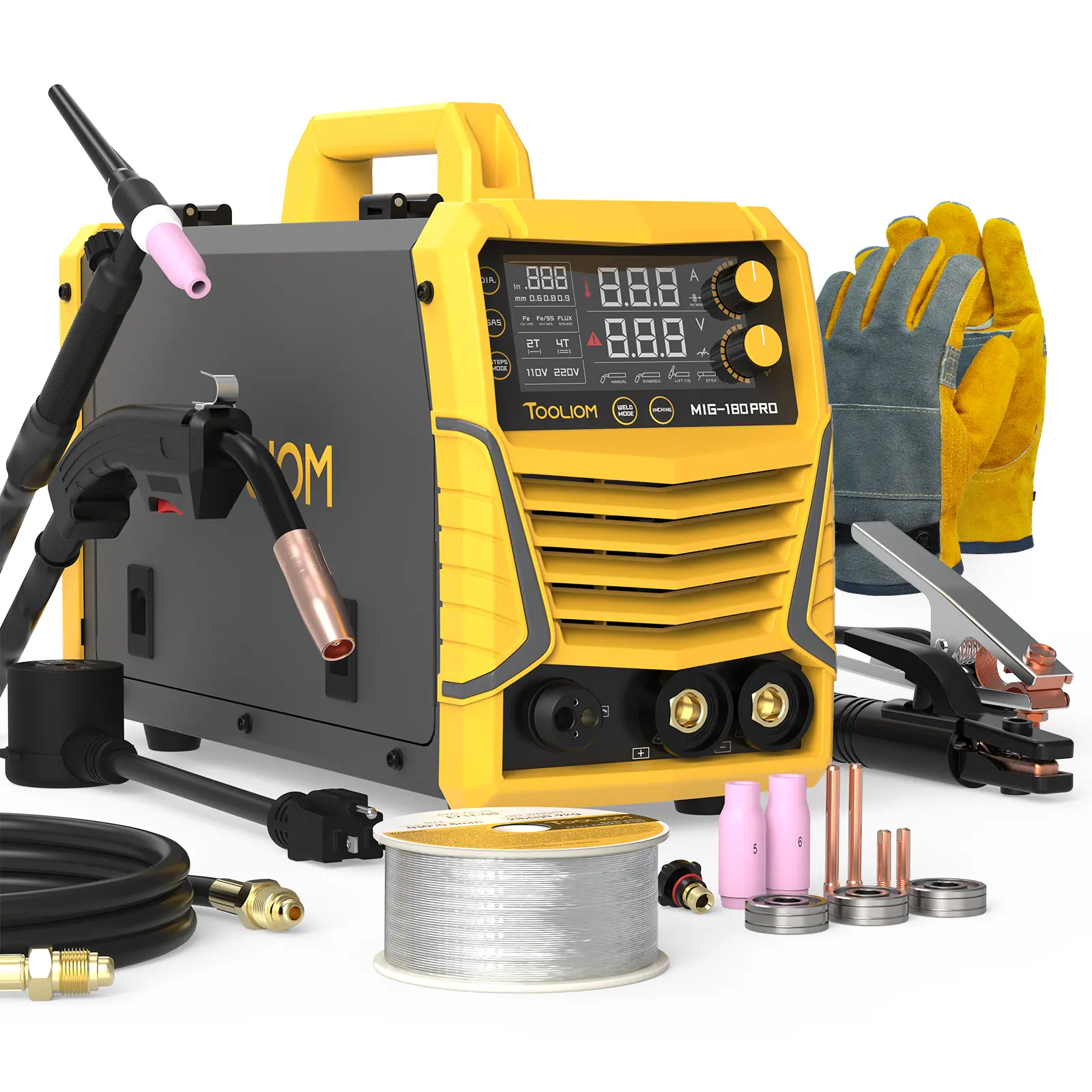 TOOLIOM MIG-180-PRO 180A 4-in-1 MIG Welder | 110/220V Multi-Process Welding Machine for Gas MIG, Flux Core, Stick & Lift TIG | Includes TIG Torch, Work Gloves & E71T-GS Wire