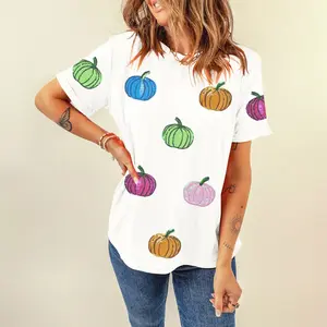 Women’s White Sequin Colorful Pumpkin Patched Crew Neck Cotton Blend T Shirt