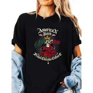 Chicana Style Casual Cotton T-shirt for Women Featuring American Born Mexican Descent and Chingona Design