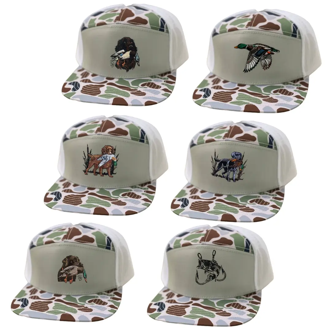 Hunting Dog & Duck Trucker Hat – Chocolate Lab, Boykin, Mallard Rope, Fish Hook Embroidered Camo Snapback – Unisex 7-Panel Mesh Cap