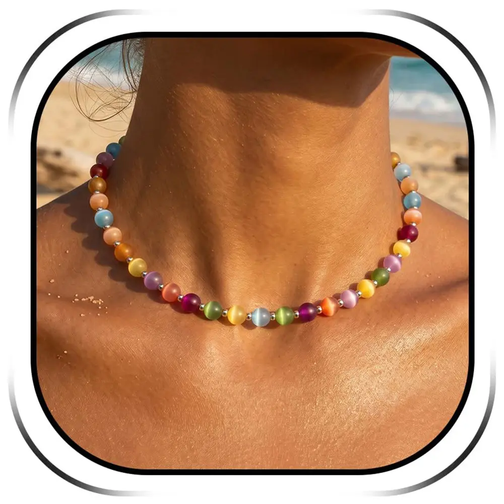 Dopamine Necklace UV Reactive Colorful Rainbow Beaded Necklace Dopamine Jewelry Set Color Changing Mood Necklaces Bracelet Earrings Summer Beach Vacation Gift for Women