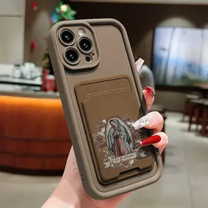 Two-Piece Set Self-Adhesive Card Holder Phone Case, Floral Virgin Mary Design, Anti-Drop Full Coverage for iPhone Models