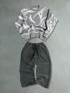 Street Casual Set Unisex Sweater Long Sleeve Top & Printed Pants Two-Piece, Loose Fit Fall Winter Fashion