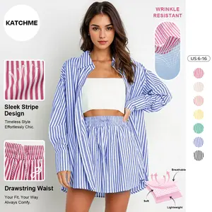 Katch Me Women's Casual Color Matching Striped Long Sleeve Shirt & Drawstring Waist Shorts Loungewear Co-ord, Lightweight Loose Two-Piece Set, Skin-Friendly Womenswear