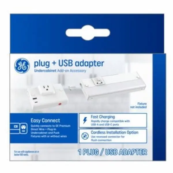 GE Lighting Plug-Plus Plastic USB Adapter Charger - Cordless USB Port Accessory for Premium Direct Wire, Flush Mount Light Fixtures, Smartphone & Cellphone Charging, Connector