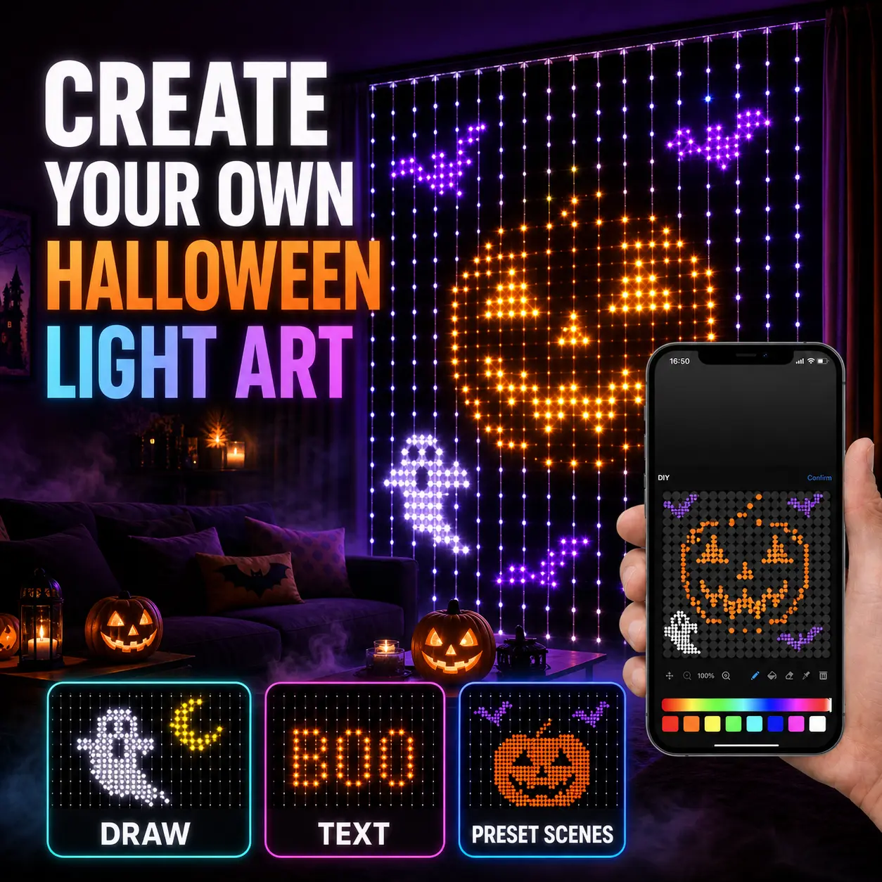 Halloween Smart RGB LED Curtain Lights, 400 Color-Changing LEDs with App Control, Music Sync, Dynamic Patterns, Indoor Wall/Window Decor, RGB Bulb String Lights for Haunted House, Holiday Parties