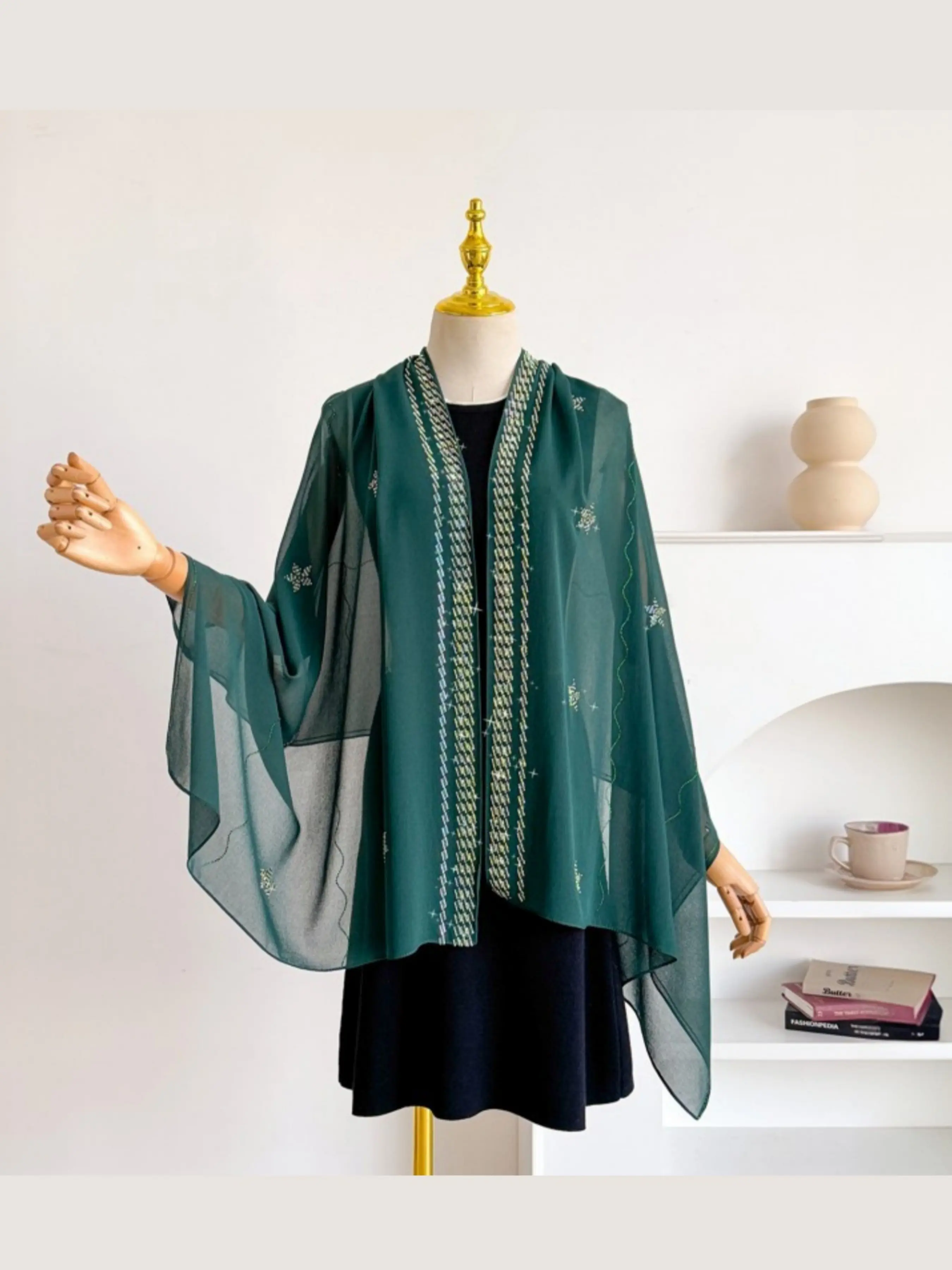 Single Shoulder Shawl, New Pearl Chiffon Long Scarf, High-End Luxury Line Star Rhinestone Hijab, Middle East African Headscarf