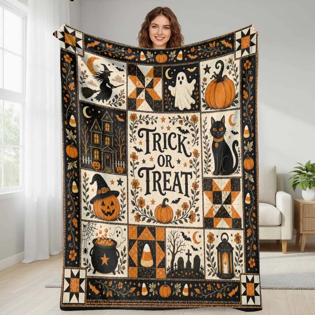 Halloween Trick or Treat Flannel Blanket - Flannel Fabric, Multi-Size, Plush Texture, Ultra Soft, Vintage Pumpkin Black Cat Witch Print, Lightweight Breathable, Cozy Warm Decor & Gift for Autumn Party, Living Room Couch Bed