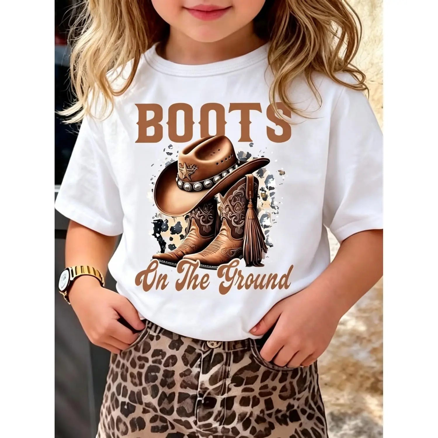 American Retro Boots on The Ground Graphic Cotton T-Shirt for Girls Featuring Cowboy Boots and Hats Soft and Stretchy Fabric Perfect for Outdoor Activities and Everyday Wear for Children