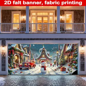 Christmas Garage Banner, Durable Polyester Material, Vintage Car in Snow, Santa Claus & Elves, Festive Decorations for Garages, Party Decorations Banners