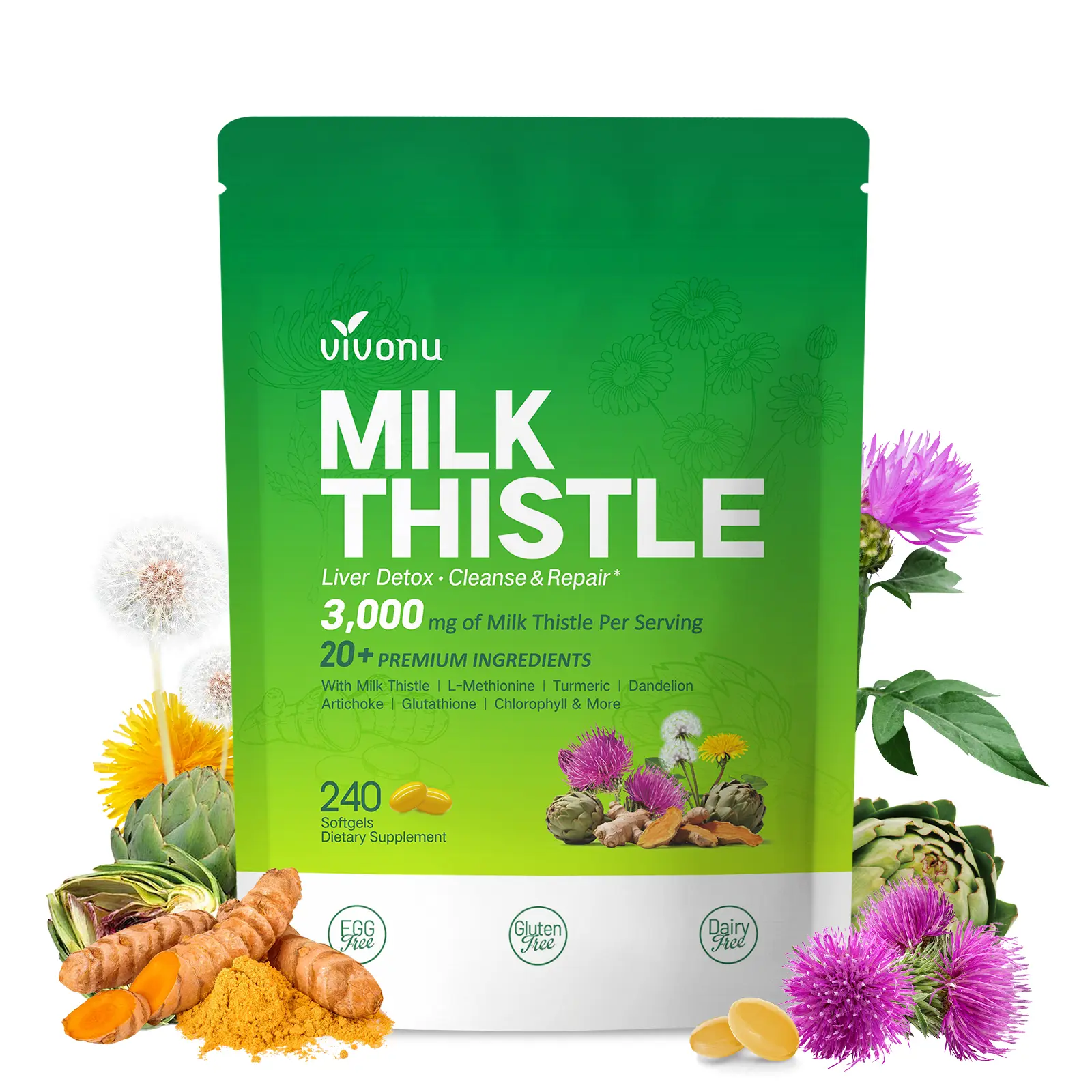 VIVONU Milk Thistle ｜ Liver Support Formula ｜ Antioxidant Support ｜ Daily  Wellness Support ｜ With Milk Thistle 3000mg, Artichoke, Turmeric & More ｜  240 Capsules ｜ Take 2 Daily mothersdaygift